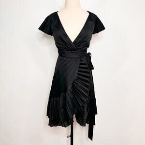Diane Von Furstenberg Diston Wrap Dress Black Pleated Satin LBD Cocktail Size 0